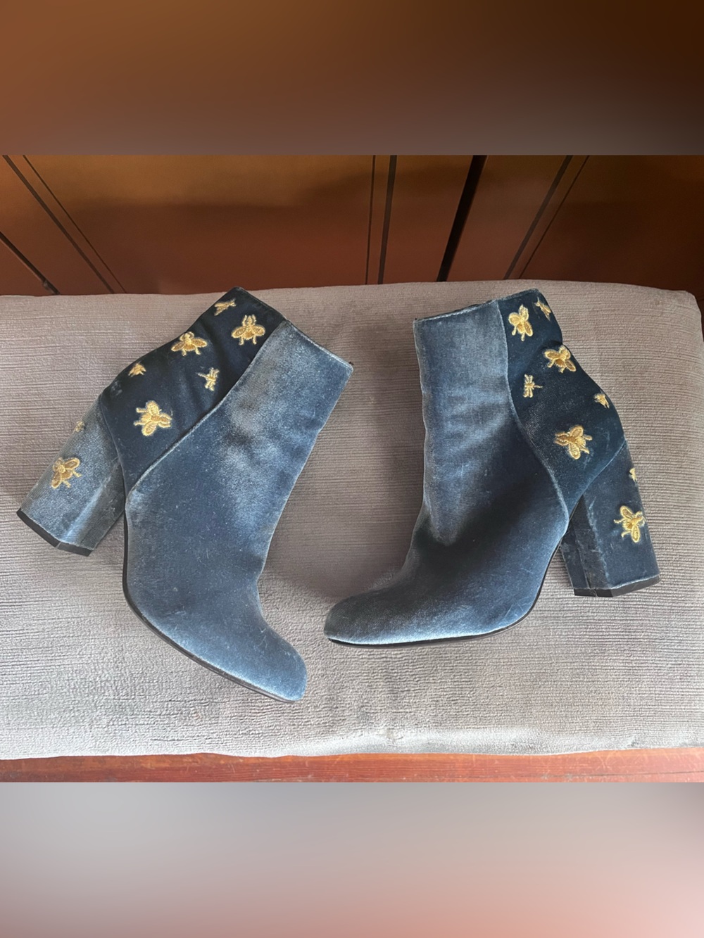 Sky blue Velvet Ankle Boots with Gold Bee Embroidery